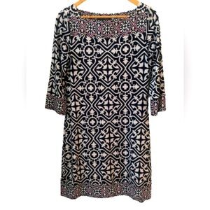 White House Black Market NWOT black, red & wht prt jersey drss w 3/4 Slv SZ S